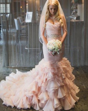Mermaid Pink Sweetheart Ruffle Wedding Dress with Beading Belt WD2157