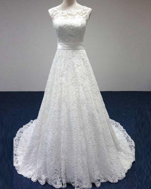 Vintage Lace Jewel Neck Ivory Strapless A-line Wedding Dress WD2158