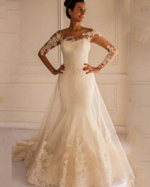 Mermaid Bateau Lace Applique Long Sleeve Wedding Dress WD2159
