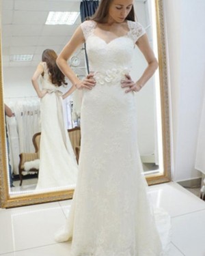 Sheath Queen Anne Lace Ivory Wedding Dress with 3D Flowers WD2160