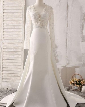 Lace Bodice Satin Deep V-neck Fall White Wedding Dress with Long Sleeves WD2161