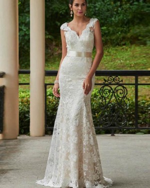 Ivory Lace Classic V-neck Vintage Mermaid Wedding Dress WD2163