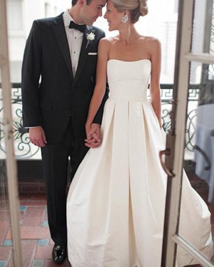 Pleated Ivory Satin Strapless Wedding Dress with Lace Up WD2166
