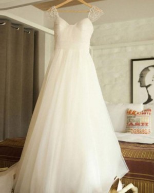 Tulle Ruched V-neck White Wedding Dress with Beading Cap Sleeves WD2169