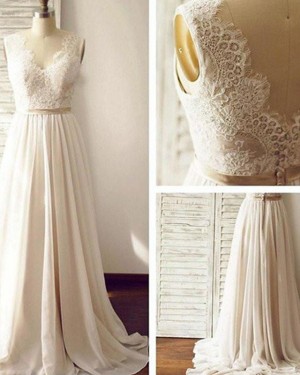 Chiffon V-neck Lace Bodice Pleated Wedding Dress WD2171