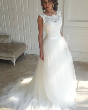 Elegant White Scoop Tulle Lace Bodice Wedding Dress WD2172