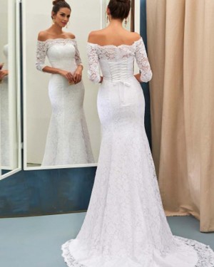 Long Sleeve Off the Shoulder Lace Mermaid White Wedding Dress with Lace Up WD2176