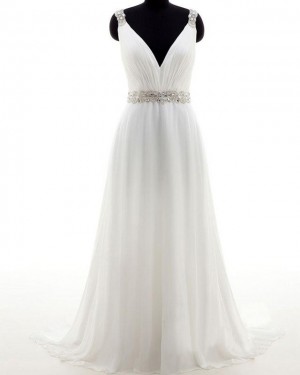 Ruched Ivory V-neck Tulle Simple Wedding Dress with Beading Belt WD2177