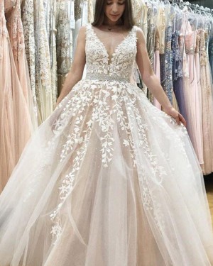 Ivory V-neck Lace Appliqued Wedding Dress with Beading Belt WD2180