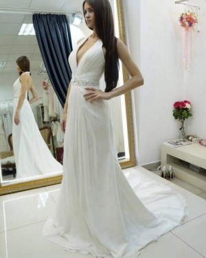 White Halter Ruched Chiffon Wedding Dress with Beading Belt WD2181