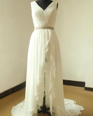 Pleated V-neck High Low Beading Wedding Dress WD2184