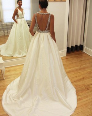 Satin Beading Deep V-neck Simple Wedding Gown with Pockets WD2186