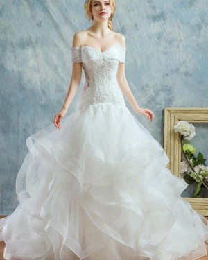 Beading Ruffle Off the Shoulder White Mermaid Wedding Dress WD2187