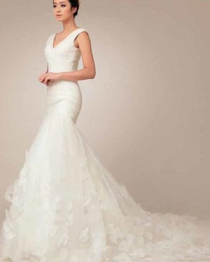 3D Flower V-neck Ruched Mermaid Ivory Wedding Dress WD2189