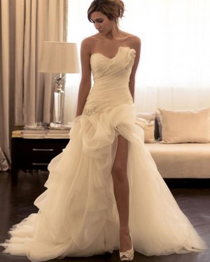 Ivory Mermaid Asymmetric Ruched Beading Wedding Dress with Side Slit WD2191