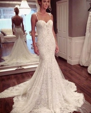 Lace Mermaid Spaghetti Straps Ivory Wedding Dress WD2193