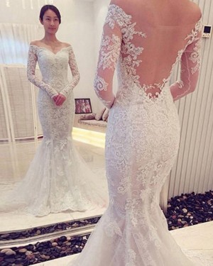 White Off the Shoulder Lace Wedding Dress with Long Sleeves WD2194
