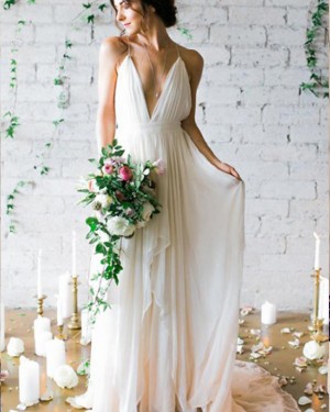 Pleated Chiffon Spaghetti Straps Beach Simple Wedding Dress WD2195