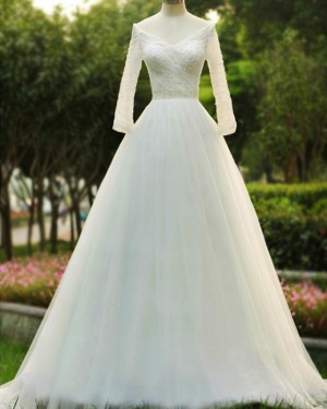 A-line Off the Shoulder Beading Bodice Wedding Dress with 3/4 Length Sleeves WD2197