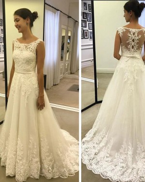 Scoop Lace White A-line Applique Pleated Wedding Dress WD2199