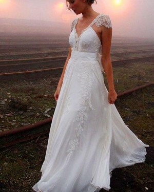 V-neck Sheath Lace Applique Wedding Dress with Cap Sleeves WD2206