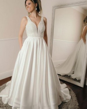 Pleated Satin Beading Bodice Deep V-neck Fall Wedding Dress with Pockets WD2207