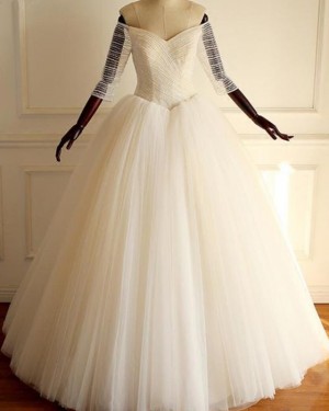 Tulle Pleated Off the Shoulder Ball Gown Wedding Dress with 3/4 Length Sleeves WD2211
