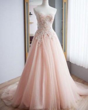 Tulle Sweetheart Applique Pink Lace A-line Wedding Dress WD2214