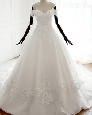 White Off the Shoulder Lace Applique Tulle Wedding Dress WD2222