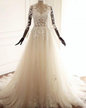 A-line High Neck Lace Applique Tulle Wedding Dress with Long Sleeves WD2223
