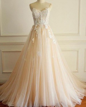 Tulle Spaghetti Straps Lace Champagne Applique Wedding Dress WD2225