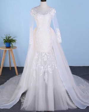 Mermaid Long Sleeve Bateau Lace Applique Tulle Wedding Dress with Detachable Skirt WD2227