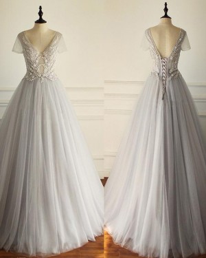 Tulle V-neck Grey Beading Bodice Pleated Wedding Dress with Short Sleeves WD2229