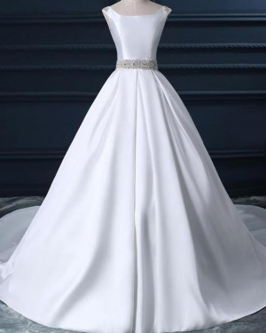 White Satin Fall Scoop Simple Wedding Dress with Beading Belt WD2231