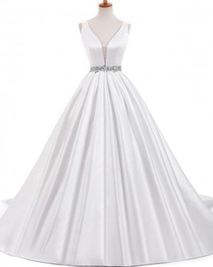 Pleated Deep V-neck Ivory Satin Wedding Dress with Beading Belt WD2234