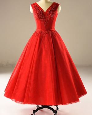 Tea Length V-neck Beading Applique Red Wedding Dress WD2235