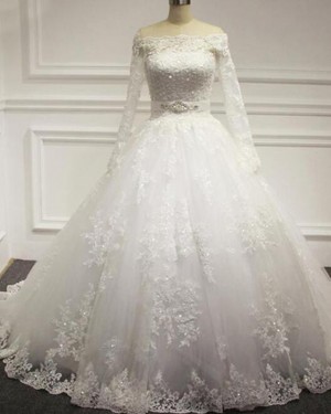 Princess Off the Shoulder Beading Appliqued Wedding Dress with Long Sleeves WD2238