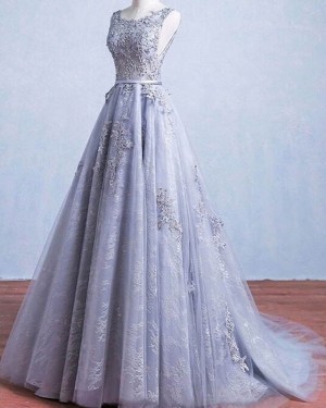 Lace Light Blue Scoop Neck Appliqued Pleated Wedding Dress WD2239