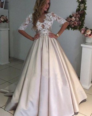 Satin Ivory Lace Bodice Sheer Wedding Dress with Half Length Sleeves WD2240