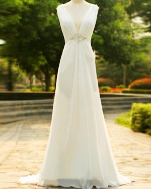 Sheath Deep V-neck Ivory Ruched Wedding Dress with Beading WD2242