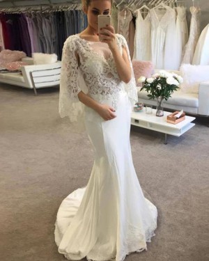 Scoop Ivory Mermaid Lace Bodice Wedding Dress with Half Length Sleeves WD2246