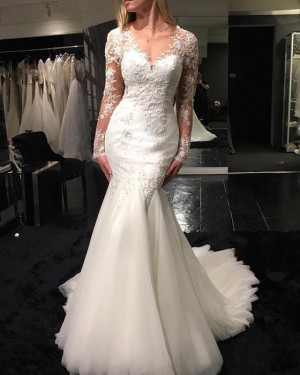 Ivory Lace Applique V-neck Wedding Dress with Long Sleeves WD2247