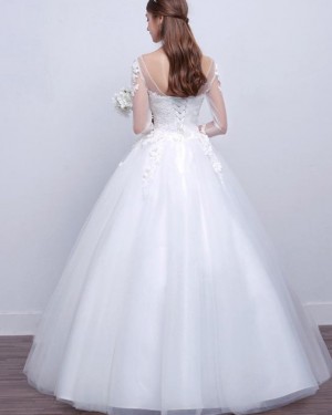 Lace Applique White A-line Tulle Bateau Wedding Dress with Long Sleeves WD2253