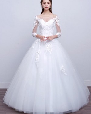 Lace Applique White A-line Tulle Bateau Wedding Dress with Long Sleeves WD2253