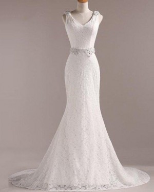 Lace V-neck Mermaid Vintage Wedding Dress with Beading Belt WD2258