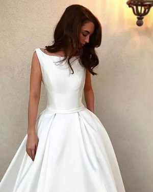 Bateau White Satin A-line Simple Wedding Dress WD2262