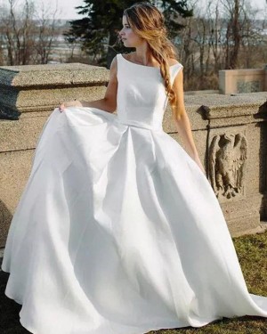 Bateau White Satin A-line Simple Wedding Dress WD2262