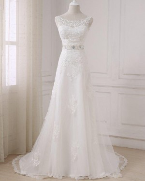 Bateau Lace Applique A-line Wedding Dress with Beading Sash WD2265