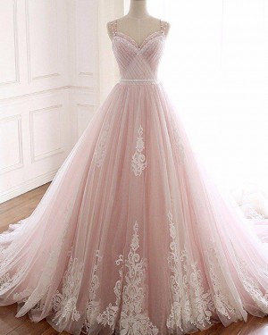 Pink Double Ruched Applique Spaghetti Straps Wedding Gown WD2267