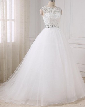 Jewel Lace Bodice White Tulle Wedding Dress with Beading Belt WD2268